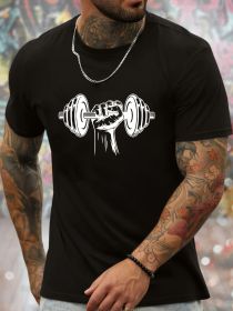 Men's Barbell Pattern Printed T-shirt, Summer Fashionable Sports Short Sleeved T-shirt, Fashionable Casual Style