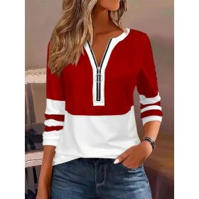 Women's V-collar Contrast Color Striped Loose Zip Long-sleeved T-shirt (Option: Red-4XL)