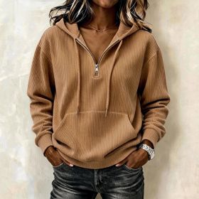 Womens Casual Long-sleeve Hooded Sweatshirt With Pockets And A Zipper (Option: Khaki-M)