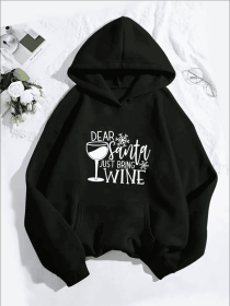 Festive Christmas Wine Cup Printed Women'S Hoodie Casual Sports Style With Kangaroo Pocket, All-Season Hooded Pullover Sweatshirt (Option: Black-2XL)
