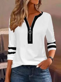 Women's V-collar Contrast Color Striped Loose Zip Long-sleeved T-shirt (Option: White-XL)