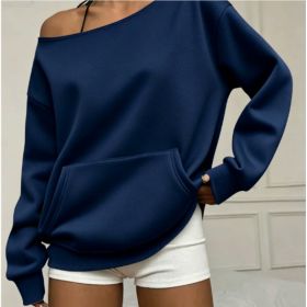 Fashionable Pullover Crew-Neck Off-Shoulder Sweatshirt For Women (Option: Navy Blue-M)