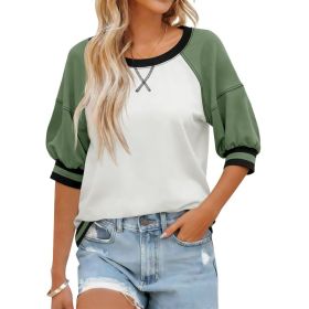Fisoew Womens Crewneck Sweatshirt Ribbed Raglan Half Sleeve Pullover Tops Color Block Loose Fit Sweatshirts (Option: Green-XL)