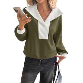 Fisoew Womens Cropped Oversized Sweatshirt Casual Lapel V Neck Long Sleeve Contrast Drawstring Loose Fit Fall Pullover Tops (Option: Army Green-L)