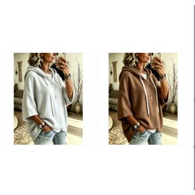 Womens Loose-fitting Hooded Top With Three-quarter Sleeves (Option: Gray and Brown-2XL)