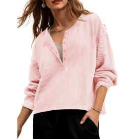 Fisoew Womens Cropped Sweatshirt Casual Waffle Knit Button V Neck Long Sleeve Loose Fit Fall Crop Tops (Option: Light Pink-XL)
