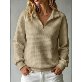 Loose-fit Waffle-knit Stand-collar Zip-up Long-sleeve Womens Sweatshirt (Option: Camel-XS)