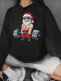 Christmas Santa Claus Weightlifting Graphic Hoodie, Casual Long Sleeve Hooded Sweatshirt With Kangaroo Pocket, For Women, All-Season Active Pullo (Option: Black-XL)