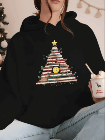 Christmas Tree Made Of Books Print Kangaroo Pocket Hoodie, Casual Long Sleeve Hooded Sweatshirt, Women's Clothing (Option: Black-2XL)