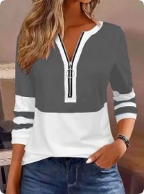 Women's V-collar Contrast Color Striped Loose Zip Long-sleeved T-shirt (Option: Grey-XXL)