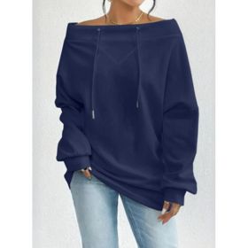 Women's Loose Casual Drawstring Off-the-shoulder Off-shoulder Top (Option: Navy Blue-4XL)