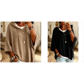 Womens Knitted New-Style Hooded Drawstring Sweater (Option: Khaki and Black-L)