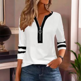 Women's Zip-Up Round Neck Long Sleeve Sweatshirt With Color Block Stripes - Casual Pullover Top For Spring&Fall (Option: White-XXL)