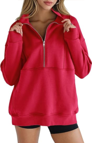Women's Half Zip Sweatshirts Fleece Stand Collar Long Sleeve Thumb Hole Oversized Pullovers With Pockets (Option: Red-S)