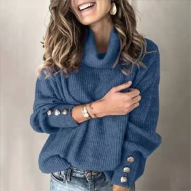 Autumn And Winter Women's Sweatshirt, High Collar Knitted Shirt, Top (Option: Blue-5XL)