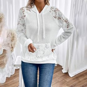 Women's Solid Color Casual Hooded Sweatshirt With Lace-Trimmed Sheer Sleeves & Large Lace Pockets, Pullover Hoodie (Option: White-M)