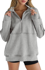 Women's Half Zip Sweatshirts Fleece Stand Collar Long Sleeve Thumb Hole Oversized Pullovers With Pockets (Option: grey-M)