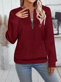Casual Neckline Long-sleeve Zipper Sweaters Women's Clothing (Option: Wine red-S)