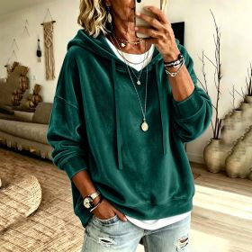 Womens Casual Solid-Color Hooded Long-Sleeve Top With Drawstring (Option: Peacock Green-S)