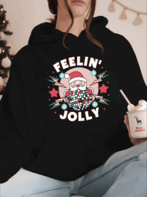 Christmas Santa Claus Print Long Sleeve Hooded Pullover Sweatshirt With Kangaroo Pockets, Women's Sportswear For Fall & Winter, Outdoor Wear (Option: Black-L)