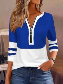 Women's V-collar Contrast Color Striped Loose Zip Long-sleeved T-shirt (Option: Blue-L)