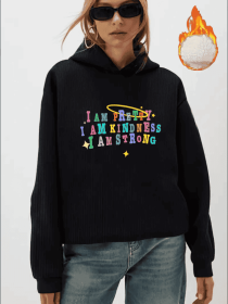 Women'S Fall Winter Fleece-Lined Hoodie, Casual With Elastane, Alphabet & Portrait Patterns, Hooded Collar Sweatshirt (Option: Black-L)