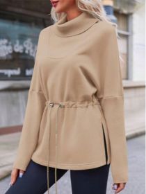 Fisoew Women's Turtleneck Sweatshirts Fleece Drawstring Waist Casual Long Sleeve Pullover Sweater Side Slit Tunic Tops (Option: Khaki-S)