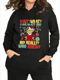 Plus Size Women'sWait What I Have An Attitude No Really Who Knew Christmas Hoodies, Womens Oversized Hoodies Long Sleeve Pullover With Pocket 202 (Option: Black-L)