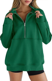 Women's Half Zip Sweatshirts Fleece Stand Collar Long Sleeve Thumb Hole Oversized Pullovers With Pockets (Option: Green-S)