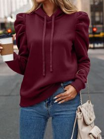 Autumn New Arrival Casual Minimalist Puff Sleeve Drawstring Hoodie Slim Fit Commuter Basic Long Sleeve Sweatshirt (Option: Burgundy-S)