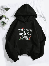 Christmas Reindeer Graphic Hoodie For Women, Casual Long Sleeve Hooded Sweatshirt With Kangaroo Pocket, Animal Pattern, For All Seasons (Option: Black-S)