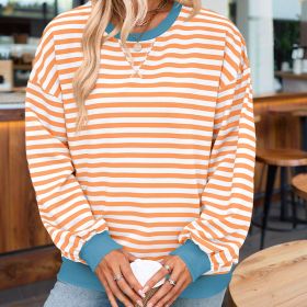 Women's Casual Crewneck Striped Long Sleeve Sweatshirt - Comfortable Loose Fit Ribbed Knit Top For Spring&Fall (Option: Beige orange-S)