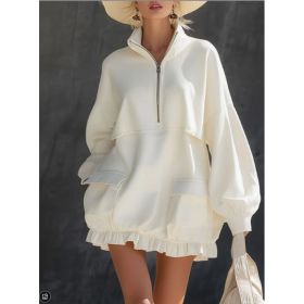 Mi Bai Half Zipper Stand Up Collar Large Pocket Black Fungus Edge Short Hoodie Skirt (Option: White-L)