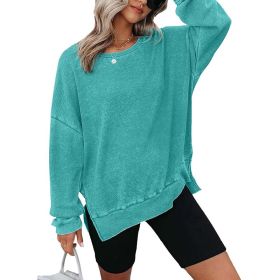 Womens Waffle Knit Crewneck Sweatshirts Long Sleeve Side Slits Casual Pullover Sweatshirt Tops (Option: Sky blue-S)