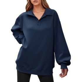 Fisoew Women Collared V Neck Sweatshirt Casual Oversized Long Sleeve Fashion Pullover Tops (Option: Navy-L)