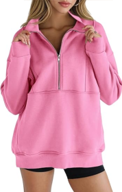 Women's Half Zip Sweatshirts Fleece Stand Collar Long Sleeve Thumb Hole Oversized Pullovers With Pockets (Option: Pink-M)