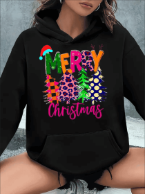 Christmas Tree & Letter Print Long Sleeve Hooded Pullover Sweatshirt With Kangaroo Pockets, Women's Sportswear For Fall & Winter, Outdoor Wear (Option: Black-L)