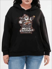 Women's Fall Plus Size Hoodies Fashion Santa Claus Funny Cool Merry Christmas Print Long Sleeve Hood Sweatshirt Loose Fit Tops Streetwear (Option: Black-M)