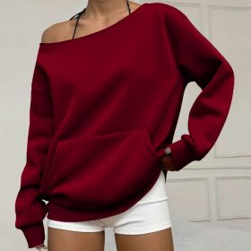 Fashionable Pullover Crew-Neck Off-Shoulder Sweatshirt For Women (Option: Wine red-S)