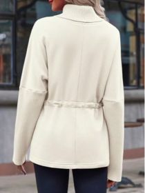 Fisoew Women's Turtleneck Sweatshirts Fleece Drawstring Waist Casual Long Sleeve Pullover Sweater Side Slit Tunic Tops (Option: Beige-XL)