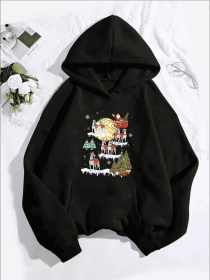 Women'S Casual Christmas Reindeer Sleigh Graphic Hoodie, Long Sleeve Hooded Sweatshirt With Kangaroo Pocket,For All Seasons (Option: Black-XL)