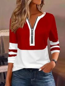 Women's V-collar Contrast Color Striped Loose Zip Long-sleeved T-shirt (Option: Red-L)