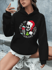 Women'S Christmas Graphic Hoodie - Casual Hooded Sweatshirt With Rib-Knit Collar, Festive Alphabet & Animal Print, Drawstring Closure, Holiday Th (Option: Black-M)