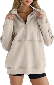 Women's Half Zip Sweatshirts Fleece Stand Collar Long Sleeve Thumb Hole Oversized Pullovers With Pockets (Option: Khaki-S)