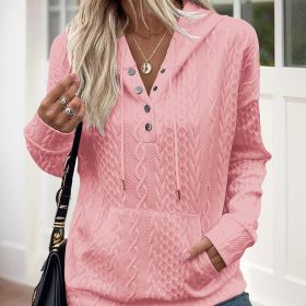 Women's V-Neck Solid Textured Long Sleeve Hoodie With Button Front & Kangaroo Pocket - Drawstring Hood Casual Pullover (Option: Pink-M)