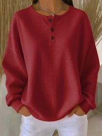 Ins Waffle Long-sleeved T-shirt Fashion Solid Color Buttons Round Neck Pullover Top Women's Clothing (Option: Red-S)