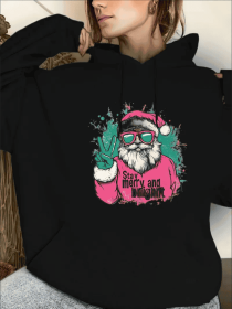 Christmas Santa Claus Print Drawstring Hooded Sweatshirt, Long Sleeves Kangaroo Pocket Casual Hoodie, Women's Clothing (Option: Black-XL)