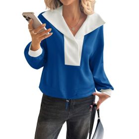 Fisoew Womens Cropped Oversized Sweatshirt Casual Lapel V Neck Long Sleeve Contrast Drawstring Loose Fit Fall Pullover Tops (Option: Blue-XXL)
