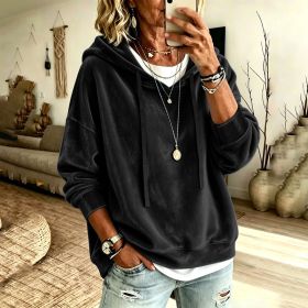 Womens Casual Solid-Color Hooded Long-Sleeve Top With Drawstring (Option: Black-S)