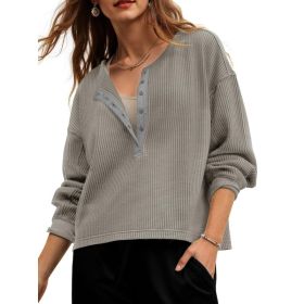 Fisoew Womens Cropped Sweatshirt Casual Waffle Knit Button V Neck Long Sleeve Loose Fit Fall Crop Tops (Option: Light grey-L)